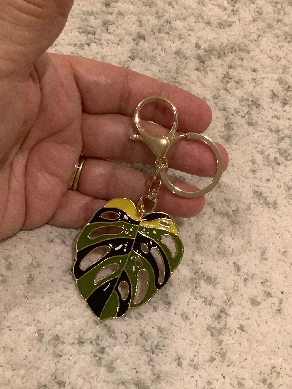 Tropical Monstera Philodendron Leaf Shaped Enamel Keychain Yellow & Green NWT